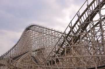 View on the construction of a large wooden rollercoaster