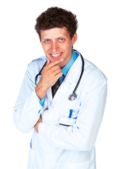 Portrait of a smiling male doctor on white background