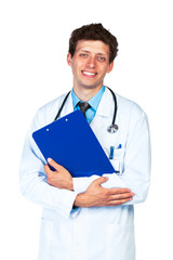 Portrait of a smiling male doctor holding a notepad on white
