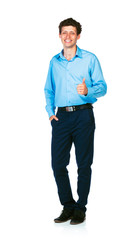 Fototapeta premium Happy young businessman standing with thumb up on white