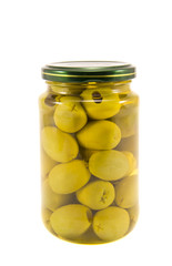 Green canned olives on white background