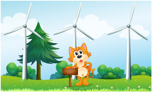 A tiger holding an empty wooden signboard near the windmills
