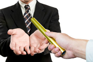 businessman  send golden baton to another one