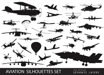 Vintage and modern aircraft silhouettes collection. Vector EPS8