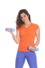 Model Released. Young Woman Exercising with Dumbbell Weights