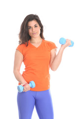 Naklejka premium Model Released. Young Woman Exercising with Dumbbell Weights