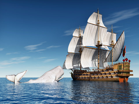 Sailing Ship with White Whale