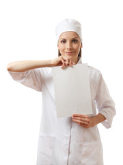 woman nurse or doctor  showing blank sign board.