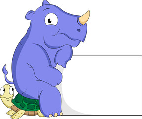 turtle and rhino cartoon with blank sign