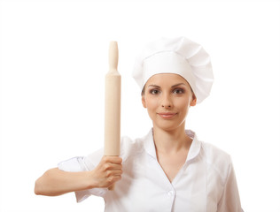 Baker / Chef woman holding baking rolling pin, isolated on white
