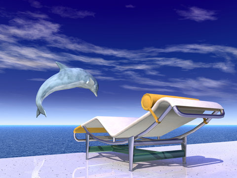 Urlaubsimpression mit springendem Delfin und Liegestuhl