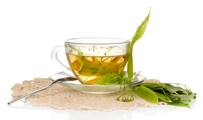 Glass cup of tea with linden isolated on white