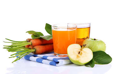 Glasses of juice, apples and carrots, isolated on white