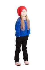 little girl in a red cap smiles, isolation on white