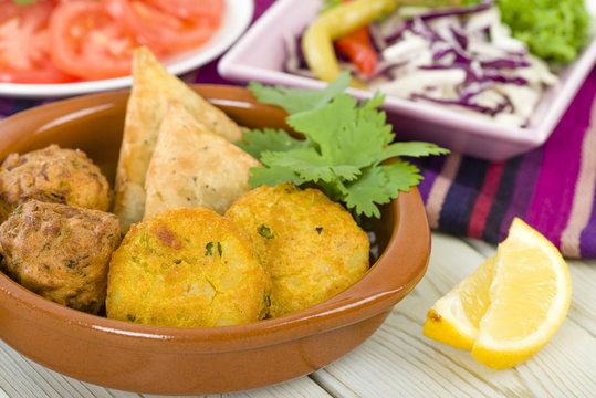 South Asian Starters: Aloo Tikki, Onion Bhaji & Vegetable Samosa