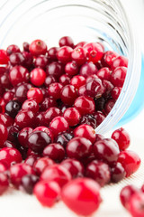 Glass bowl with cranberries on white background