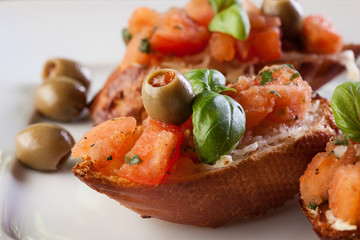 Bruschetta with olive. Selective focus