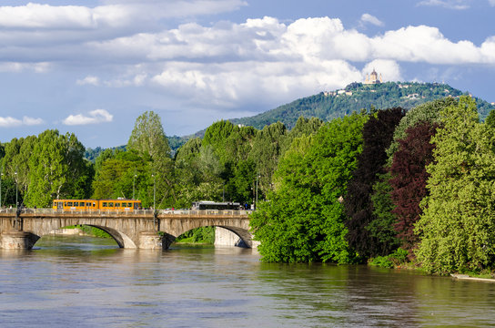 Turin (Torino), panorama with river Po and Basilica of Superga