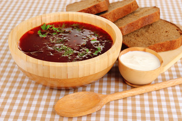 Delicious borsch on table close-up