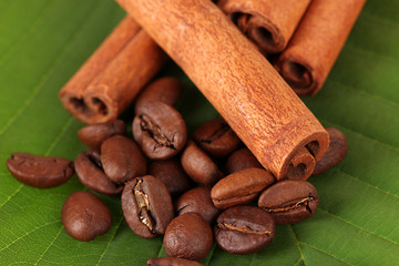 Coffee grains and cinnamon on sackcloth on green leafs close-up