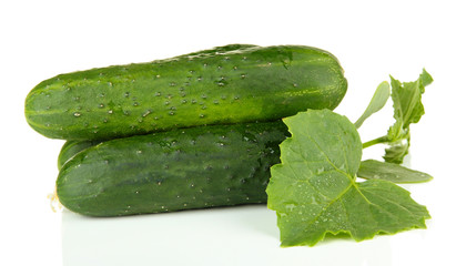 Tasty green cucumbers, isolated on white