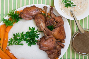Delicious dinner - soup, chicken with rice and vegetables