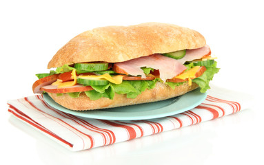 Fresh and tasty sandwich with ham and vegetables isolated