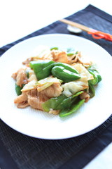 chinese cuisine, green bell pepper and meat stir fried