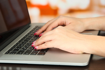 Female hands typing on laptop, on bright background