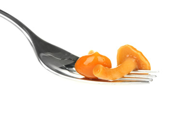 Mushroom on fork, isolated on white