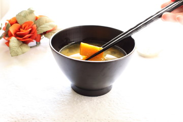 japanese food, pumpkin in miso soup
