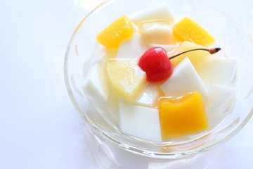 chinese food, almond tofu with mixed fruit on top