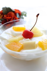 chinese food, almond tofu with mixed fruit on top