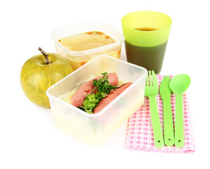 Tasty lunch in plastic containers, isolated on white