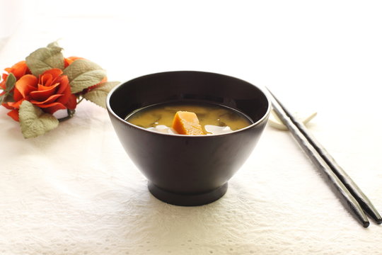 japanese food, pumpkin in miso soup