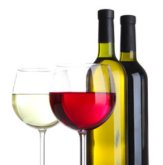 Glasses of wine with bottles isolated on white