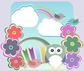 Background with owl, flowers birds and clouds