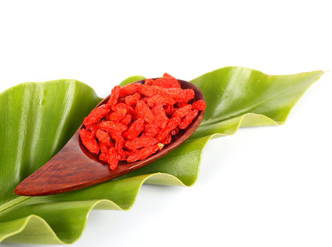 Wooden tablespoon of dried goji berries on ferns leaves