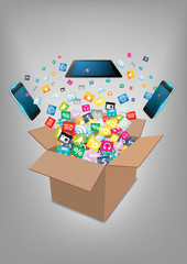 Open box with cloud of colorful application icon vector