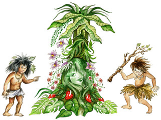 Illustration of two aboriginals andfairy maiden of jungle
