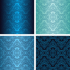Damask seamless wallpaper in four variants - shades of blue