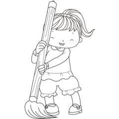 coloring illustration of a girl with writing brush