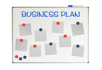 Business plan with empty papers and magnets on a whiteboard