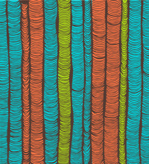 Rows of blue, red and green hand-drawn vertical folds