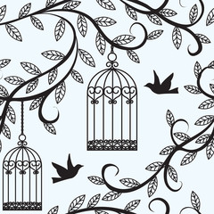 birds flying and cage