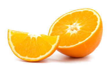 Cut orange fruit isolated on white background