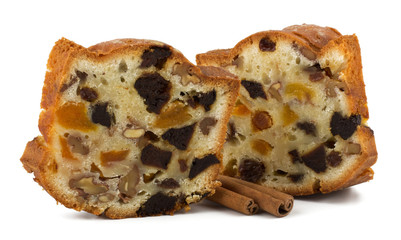 Fruit cake pieces isolated on white