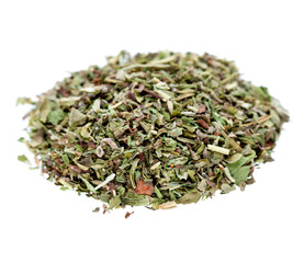 The mix of spices is filled by a hill, is isolated on a white ba