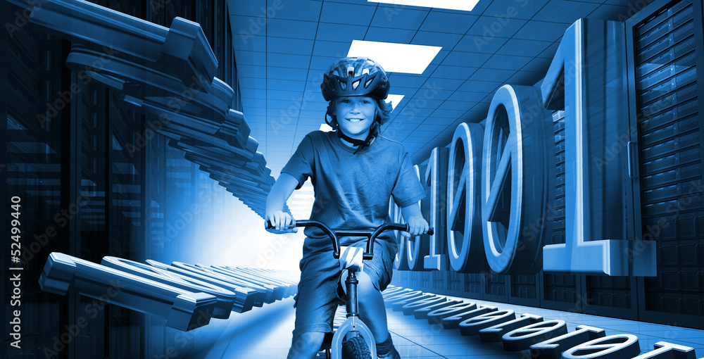 Poster Child on bike in data center with binary code in blue