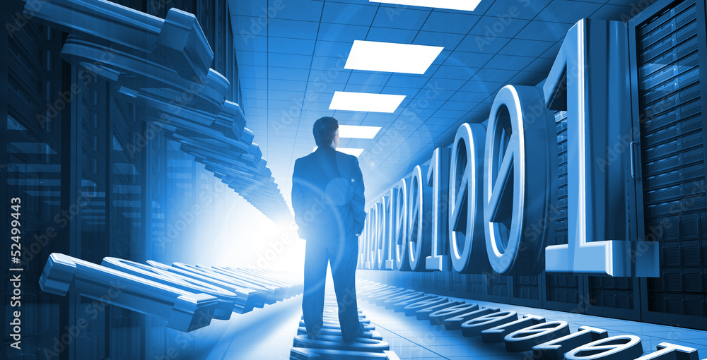 Poster Businessman standing in data center with binary code